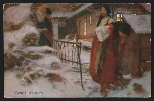Künstler-AK sign. J. Douba: Frauen in Tracht am Tor im Schnee, Weihnachtsgruss