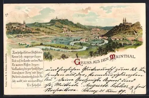Lithographie Bad Staffelstein, Mainthal-Panorama mit Flusspartie