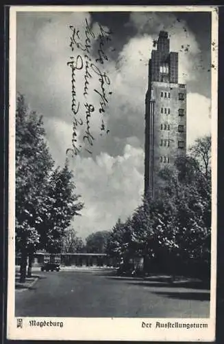 AK Magdeburg, Ausstellungsturm mit Strasse