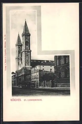 AK München, St. Ludwigskirche mit Strasse