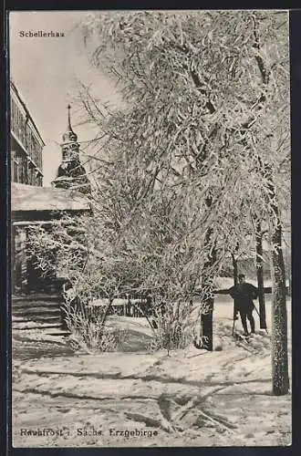 AK Schellerhau /Erzgebirge, Ortspartie mit Rauhfrost u. Kirche
