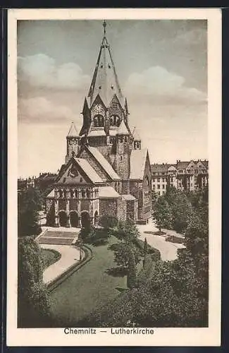 AK Chemnitz, Lutherkirche mit Anlagen aus der Vogelschau