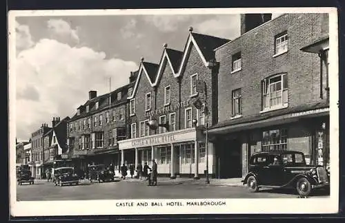 AK Marlborough, Castle and Ball Hotel, street scene with automobiles