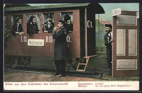 AK Bilder aus dem Volksleben des Schwarzwald`s, Zugmeister und Fahrgäste, Humor