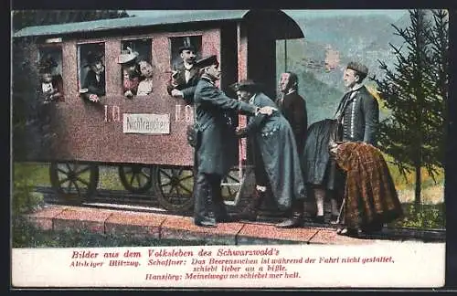 AK Schwarzwälder Volksleben, Menschen in Tracht suchen während der Fahrt mit der Eisenbahn Beeren