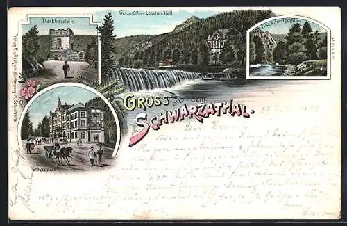 Lithographie Schwarzathal, Wasserfall mit Lösche`s Hall, Ghrysopras, Eberstein