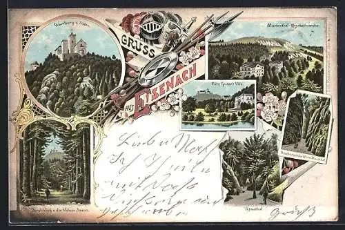 Lithographie Eisenach, Wartburg von Süden, Villa von Fritz Reuter, Annathal