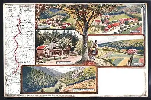 Lithographie Stutzhaus, Gesamtansicht mit herbstlichem Baum, Landkarte mit Route