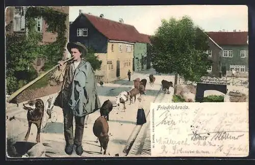 AK Friedrichroda, Strassenpartie und Hirte mit Kälbern
