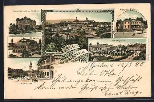 Lithographie Gotha, Herzogliches Palais, Orangerie, Theater