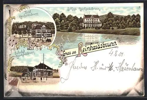 Lithographie Reinhardsbrunn, Hotel Reinhardsbrunn, Bahnhof, Schloss