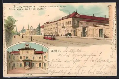 Lithographie Dresden, Stadtkrankenhaus, früher Marcolinisches Palais, Vorhof