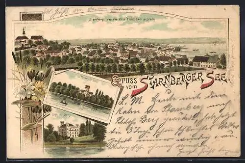 Vorläufer-Lithographie Starnberg /Starnberger See, 1895, Teilansicht von der Villa Prinz Carl gesehen, Schloss Berg