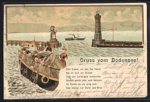 Lithographie Toilettenhumor, Hafenausfahrt am Bodensee, Leuchtturm, Männer übergeben sich über Bord