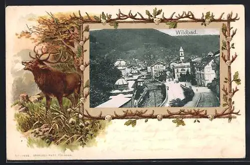 Passepartout-Lithographie Wildbad / Schwarzwald, Strassenpartie mit Brücken, Hirsch in den Bergen