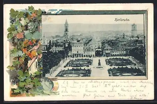 Passepartout-Lithographie Karlsruhe, Schloss mit Denkmal, Büste zwischen Blättern