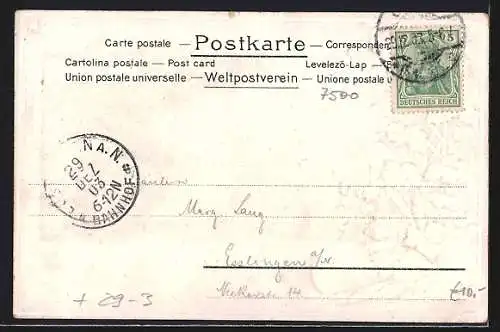 Passepartout-Lithographie Karlsruhe, Schloss mit Denkmal, Büste zwischen Blättern