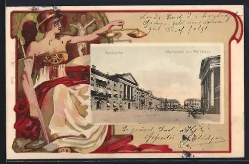 AK Karlsruhe, Marktplatz mit Rathaus