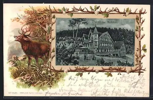 Passepartout-Lithographie Dobel bei Wildbad, Hotel & Pension Sonne, Hirsch in den Bergen