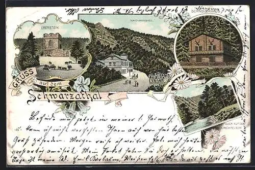 Lithographie Schwarzathal, Gasthaus Waidmannsheil u. Strasse, Burg Eberstein u. Wildschweine, Schweizerhaus, Kirchfelsen