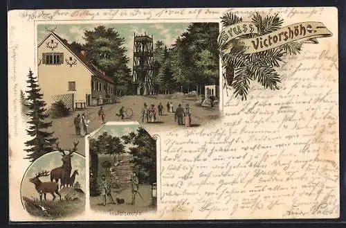 Lithographie Gernrode / Harz, Victorshöhe, Teufelsmühle, Hirsche, Frauen und Männer mit Hüten, Tannenzweig-Verzierung