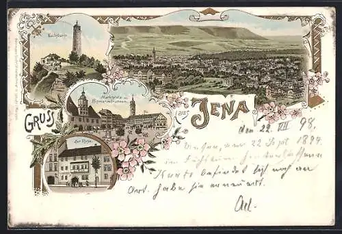 Lithographie Jena, Gasthaus zur Rose, Marktplatz mit Bismarckbrunnen, Fuchsturm