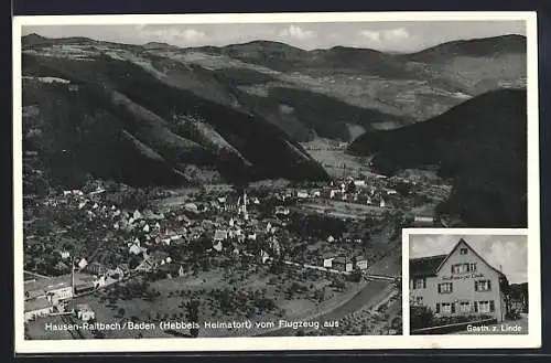 AK Hausen-Raitbach, Fliegeraufnahme, Totalansicht mit Bergpanorama, Gasthaus zur Linde, Bes. Julius Maurer