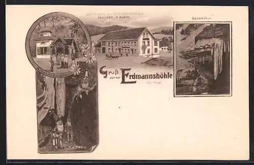 Künstler-AK Hasel, Gasthaus zur Erdmannshöhle, Höhleneingangshäusle, Kapelle