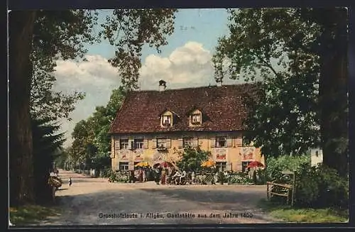 AK Grossholzleute i. Allgäu, Gasthaus mit Strassenpartie