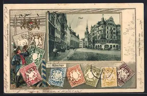 Lithographie München, Thal mit Geschäften, Postbote mit Briefmarken, Wappen, Passepartout