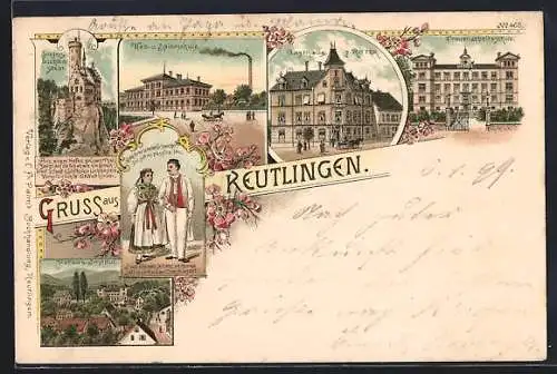 Lithographie Reutlingen, Gasthaus zum Ritter, Frauenarbeitsschule, Schloss Lichtenstein, Web- und Sinnschule