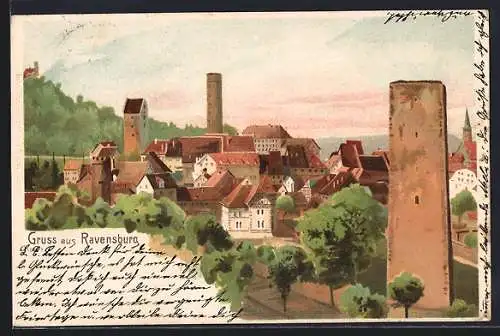Lithographie Ravensburg / Württ., Teilansicht mit Turm