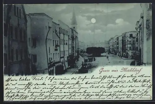 Mondschein-AK Mühldorf, Strassenpartie mit Passanten