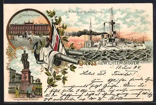 Lithographie Wilhelmshaven, Werfttorgebäude, Prinz-Adalbert-Denkmal, S. M. Panzerschiff Brandenburg