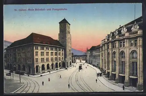 AK St. Gallen, Neue Bahnhof und Postgebäude