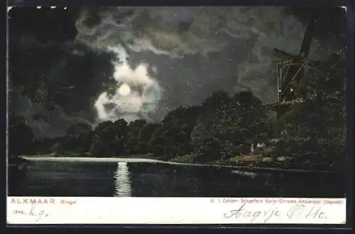 AK Alkmaar, Singel, Windmühle bei Mondschein
