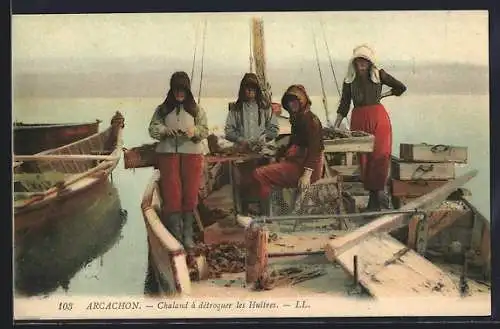 AK Arcachon, Chaland a detroquer les Huitres, Muschelfischer im Boot