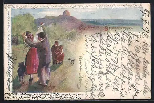 Künstler-AK Heidelberg / Neckar, Neckartal mit Berg und Kuppelbau
