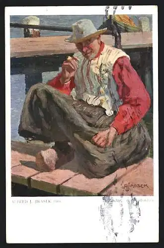 Künstler-AK sign. Alfred J. Jirasek: Holländer mit Pfeife auf einem Steg