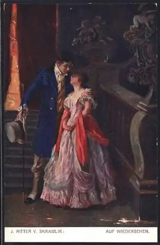 Künstler-AK sign. J. Ritter v. Skramlik: Liebespaar beim Abschied