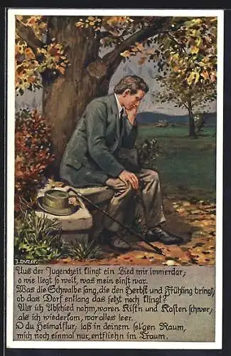 Künstler-AK sign. J. Durst: Aus der Jugendzeit klingt ein Lied mir immerdar...Mann sitzt nachdenklich unter einem Baum