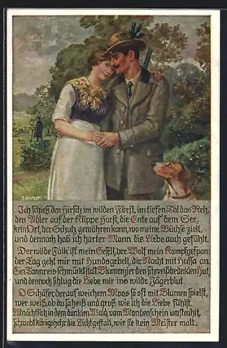 Künstler-AK Jäger hält die Hand seiner Geliebten, Jagdhund