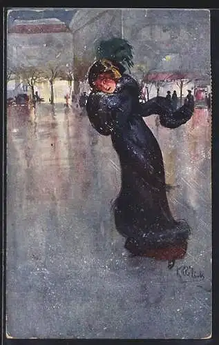 Künstler-AK sign. K. Relink: Elegante Dame im Regen