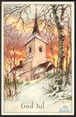 Künstler-AK sign. Curt Nyström: Verschneite Kirche im Abendlicht