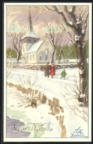 Künstler-AK sign. Curt Nyström: Familie vor verschneiter Kirche