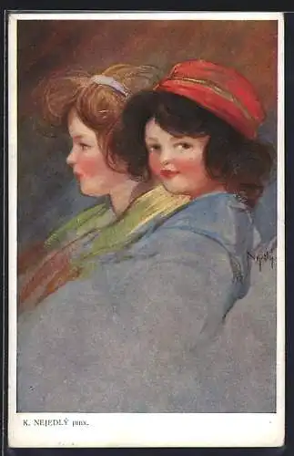 Künstler-AK sign. K. Nejedlý: Zwei Mädchen im Porträt