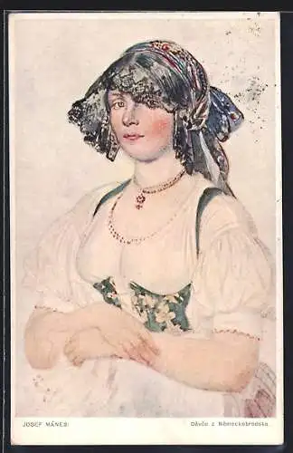 Künstler-AK sign. Josef Mánes: Devce z Nemeckobrodksa, Frauenporträt