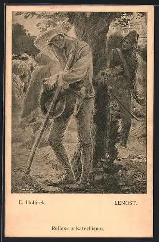 Künstler-AK sign. E. Holárek: Lenost, Reflexe z katechismu