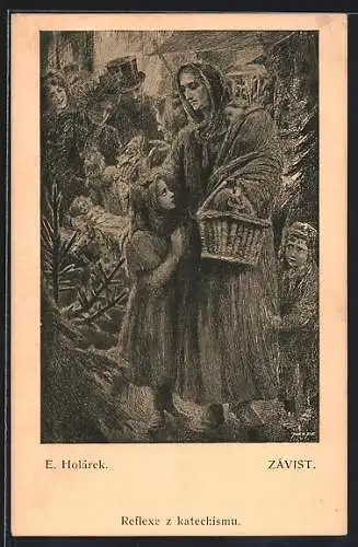 Künstler-AK sign. E. Holárek: Závist, Reflexe z katechismu