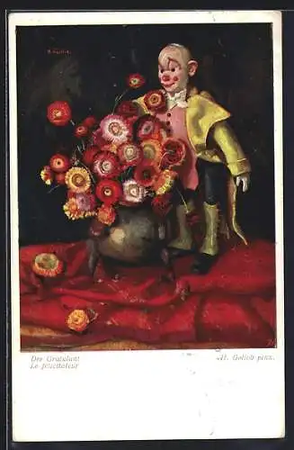Künstler-AK sign. H. Gollob: Clown-Puppe gratuliert mit Blumenstrauss